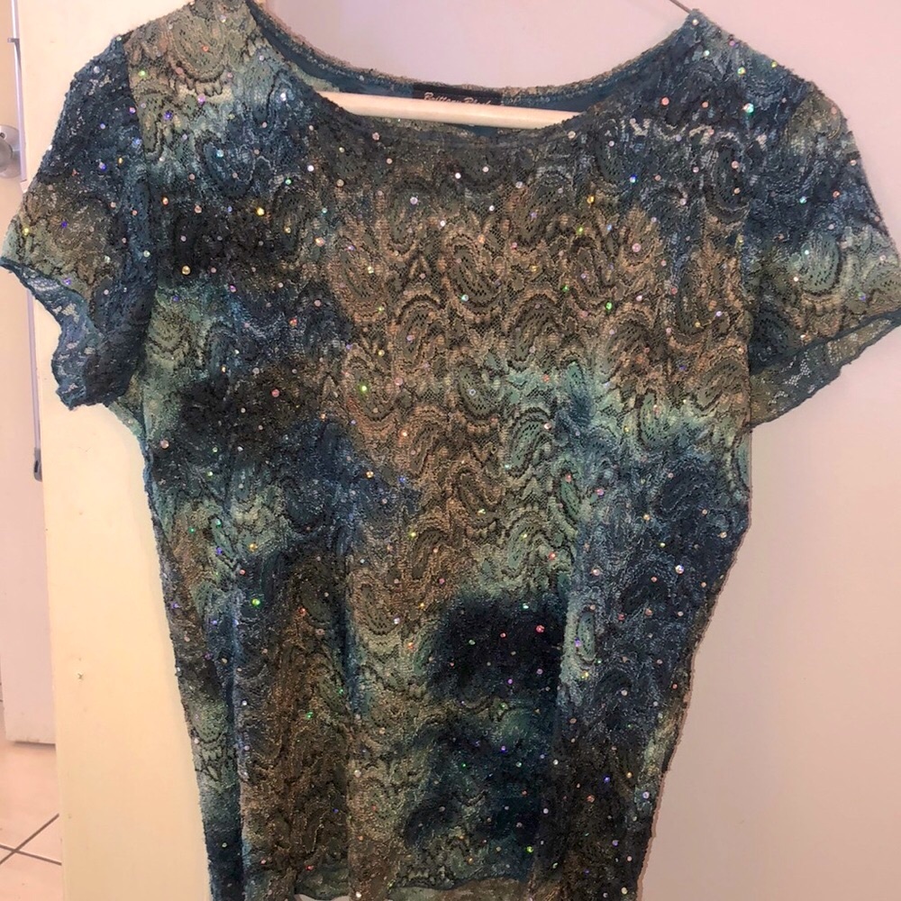 Brittany Black tee shirt. Sheer with sequins on front and back. Beautiful! Med